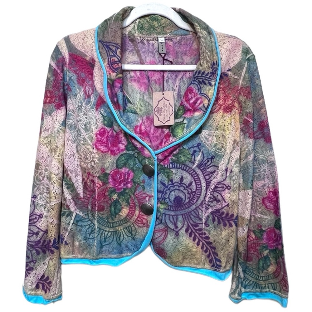 LOOK Women’s Y2K Sublimation Jacket Size Large Floral Stretch Lace Colorful
